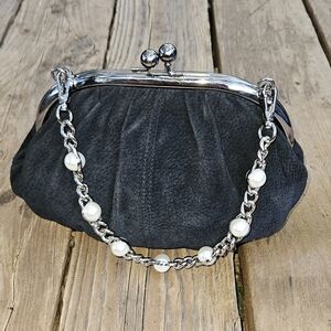 Elegant Black Suede Leather Kisslock Purse